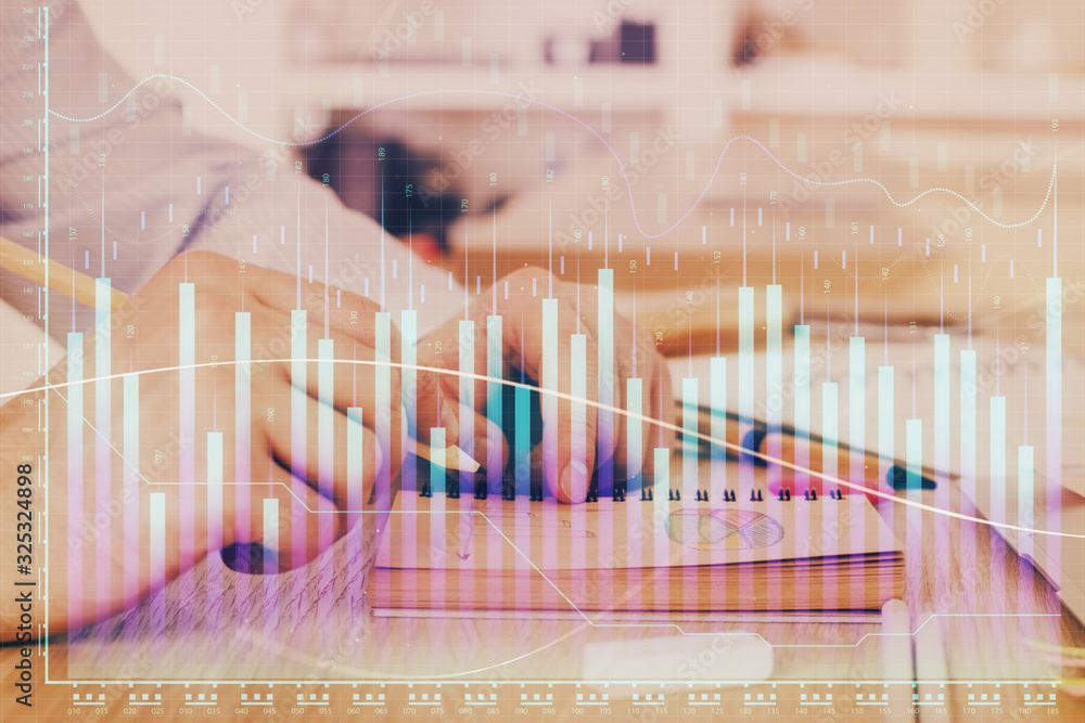 Multi exposure closeup hands with stock market forex graph. Multi exposure closeup hands with stock market forex graph.