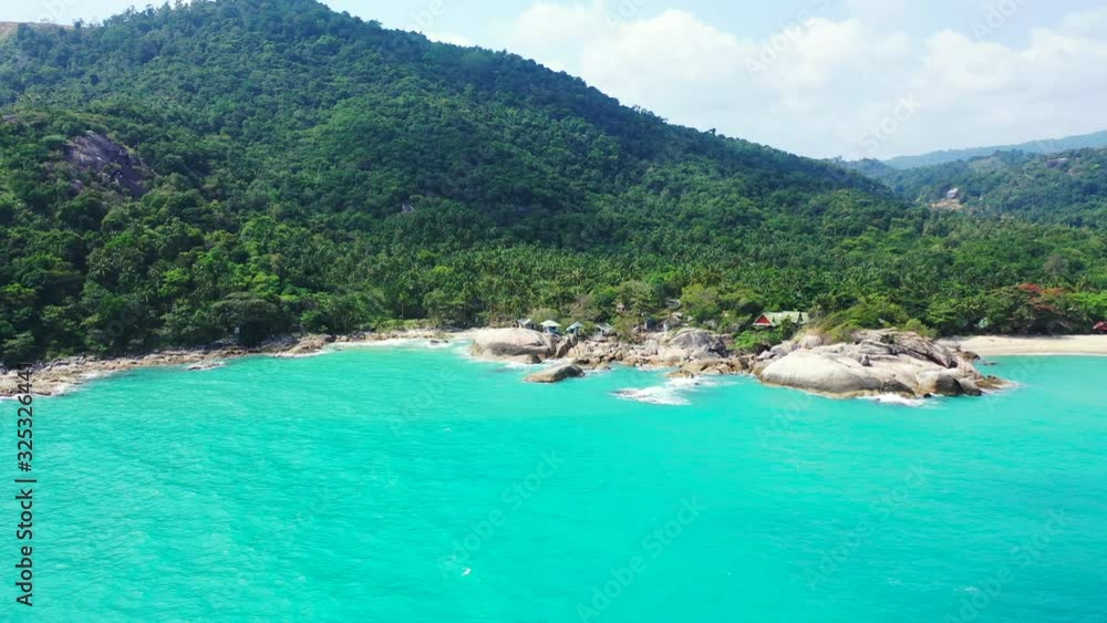 Calm lagoon, Ao than sadet bay with sandy beach, turquoise sea water and exotic trees. Aerial panorama Calm lagoon, Ao than sadet bay with sandy beach, turquoise sea water and exotic trees. Aerial panorama