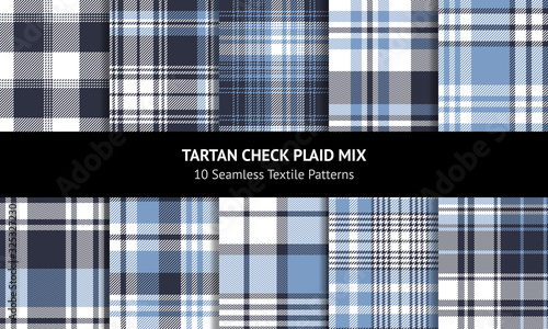 Seamless plaid set. Tartan check plaid graphic in blue and white for flannel shirt, blanket, skirt, throw, upholstery, duvet cover, or other modern fabric design.