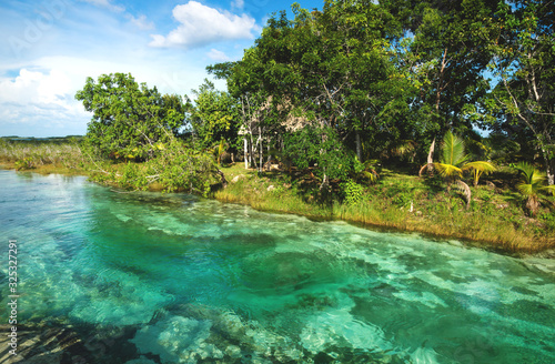 Rapids at seven colored lagoon surrounded by tropical plants in Bacalar  Quintana Roo  Mexico