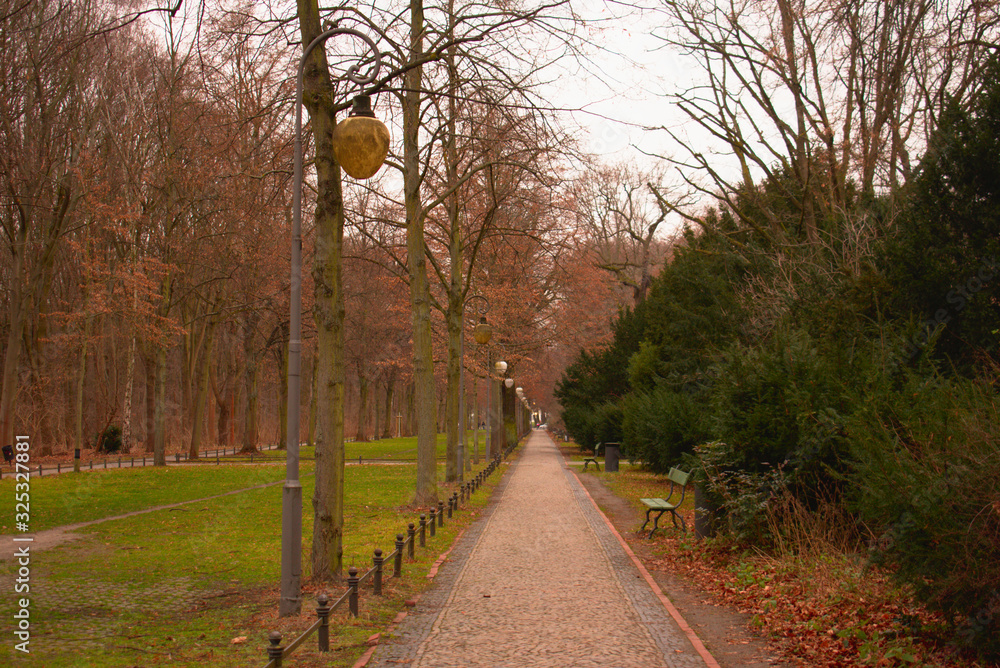 Walking path in Tiergarten park on overcast day in Berlin Germany