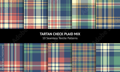 Tartan pattern set. Seamless multicolored check plaid background in blue, green, coral, gold, and off white for flannel shirt, blanket, throw, upholstery, dress, jacket, or other modern fabric design.