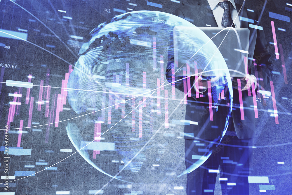 Forex graph with businessman working on laptop on background. Concept of hardworking. Multi exposure. Forex graph with businessman working on laptop on background. Concept of hardworking. Multi exposure.