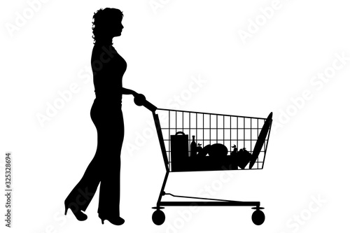 Vector silhouette of woman push shopping cart on white background. Symbol of shop accessories.