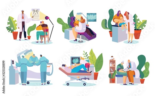 Medical clinic doctor and patient in hospital, cartoon character vector illustration. Professional healthcare treatment, ophthalmologist, dentist, pediatrician and surgeon doctor, medical hospital set