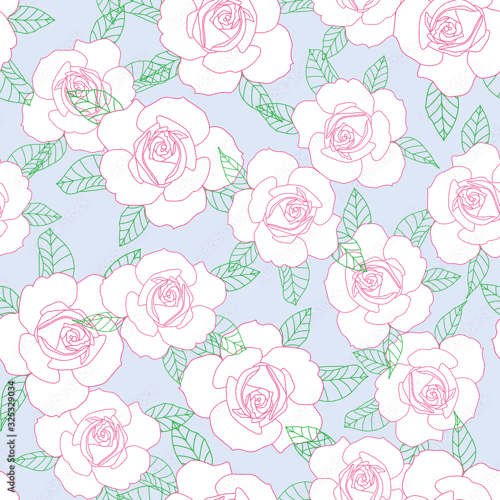 Vector white roses seamless pattern on pastel blue background