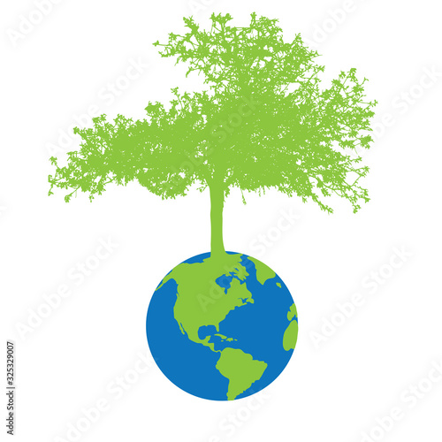 Vector silhouette of world from which it grows tree on white background. Symbol of save planet.