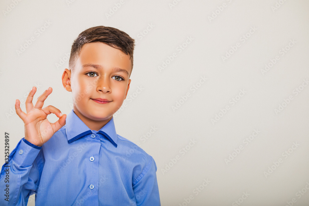Portrait of handsome little boy makes okay gesture, demonstrates agreement, likes idea, smiles, wears blue shirt, models indoor. Its fine, thank you. Hand sign Portrait of handsome little boy makes okay gesture, demonstrates agreement, likes idea, smiles, wears blue shirt, models indoor. Its fine, thank you. Hand sign