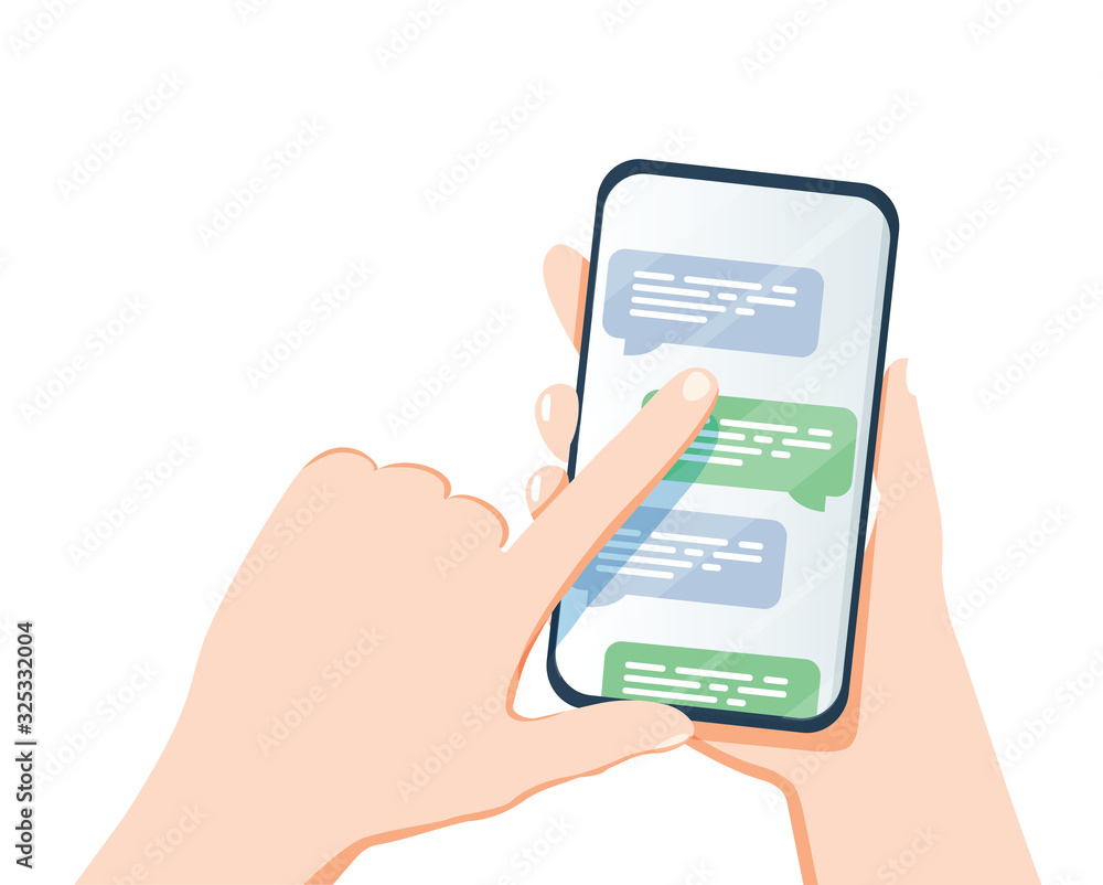 Pair of hands holding smartphone or mobile phone with chat or messenger application on screen. Instant messaging Pair of hands holding smartphone or mobile phone with chat or messenger application on screen. Instant messaging