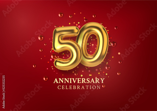50th Anniversary celebration. Number in the form of golden balloons. Realistic 3d gold numbers and sparkling confetti, glitters. Horizontal template for Birthday or wedding event. Vector illustration