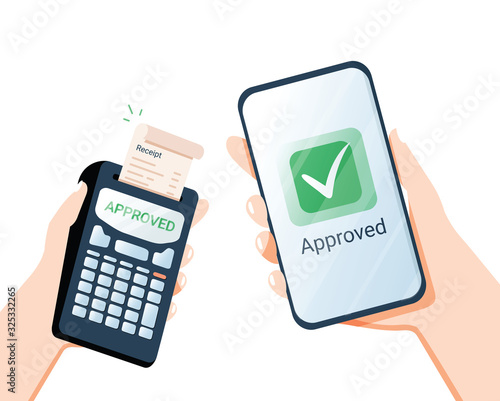 Vector illustration, people pay bills via terminal, contactless payment concepts with hand holding a POS terminal photo