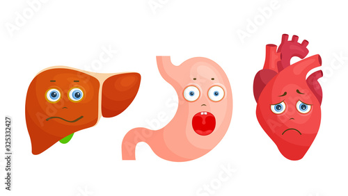 Human organs characters. Sad and frightened heart, liver and stomach. Vector illustration in cartoon style. Stickers to promote a healthy lifestyle.