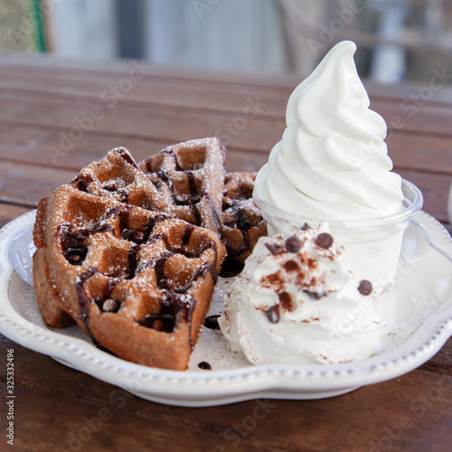 Chocolate waffle with soft serve ice cream