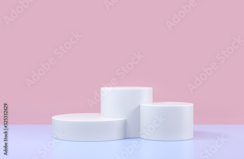 Round podium, pedestal or platform, cosmetic background for product presentation. 3d illustration. Bright podium. Advertising place. Blank product stand background in pastel pink blue colors.