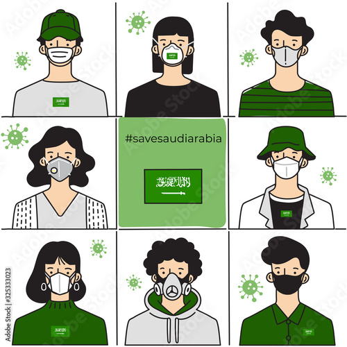 Set of men and women wearing medical mask preventing air pollution and virus with national flag : Vector Illustration