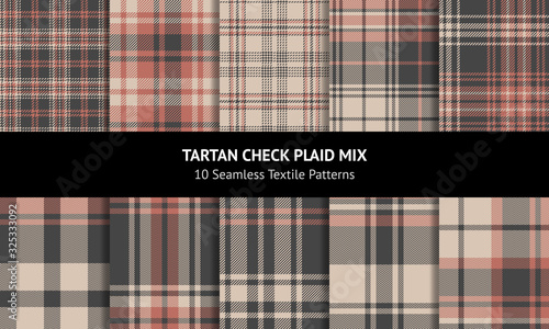 Plaid set. Seamless tartan check plaid backgrounds in dark grey, coral, and beige for flannel shirt, blanket, throw, upholstery, duvet cover, or other modern fabric design.