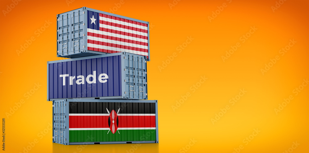 Freight container with Liberia and Kenya flag. 3D Rendering