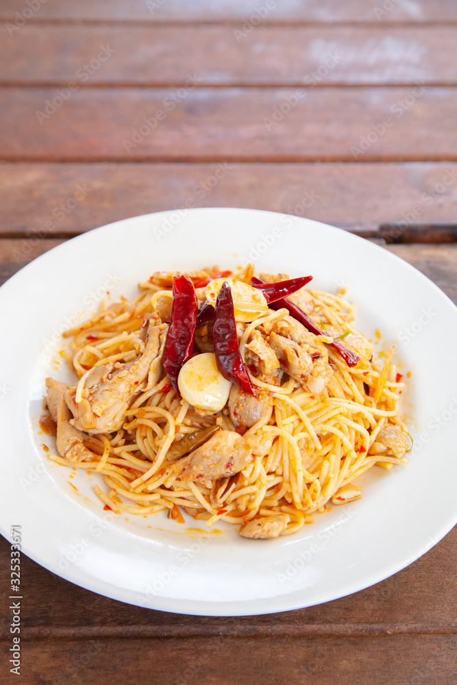 Spaghetti spicy Tom Yum chicken, Thai fusion food