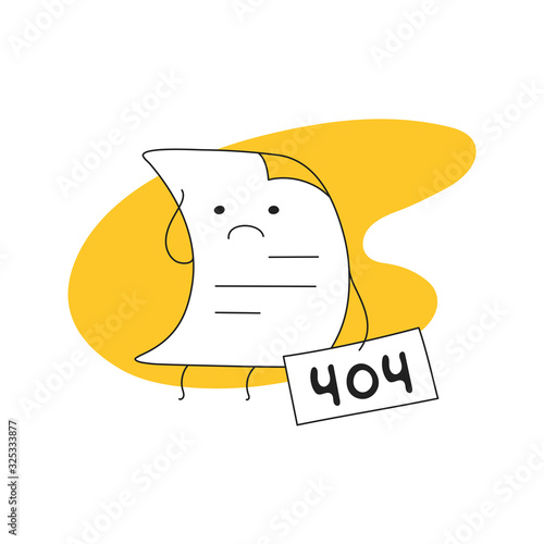 404 error web page, an upset sheet of paper with 404 sign in hand. This page is not available now concept. Flat thin line modern vector illustration on white.