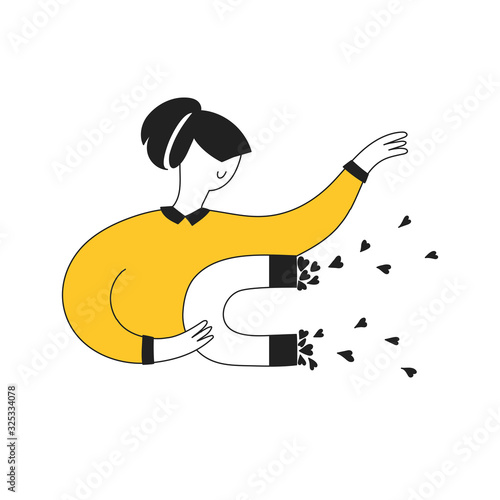 Attracting followers, customers, clients and leads to business. Cartoon woman influencer or opinion leader holding magnet and get likes from audience. Line modern vector illustration