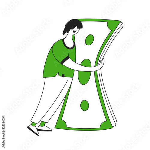 Money lover, happy smiling excited office worker character hug big money. Flat thin line vector illustration on white.