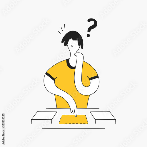 Doubts, experiment, what if concept. The guy pressed the button and waiting for the result. How it work explanation icon. Thin line vector illustration on white.