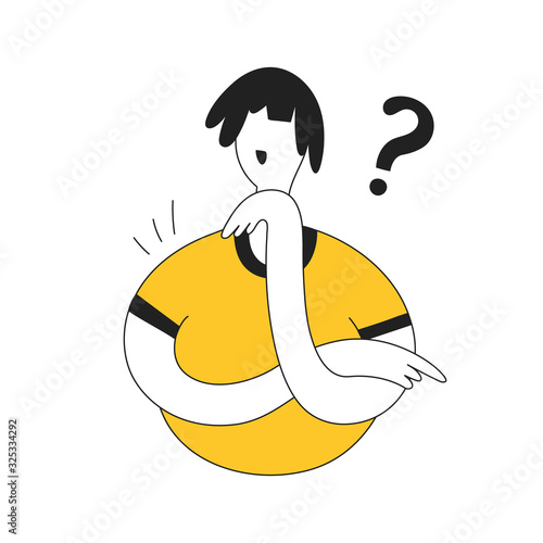 Portraits of thoughtful man. Cute smart men thinking or solving problem. Pensive doubting boy surrounded by thought question mark bubble. Flat thin line cartoon vector illustration.
