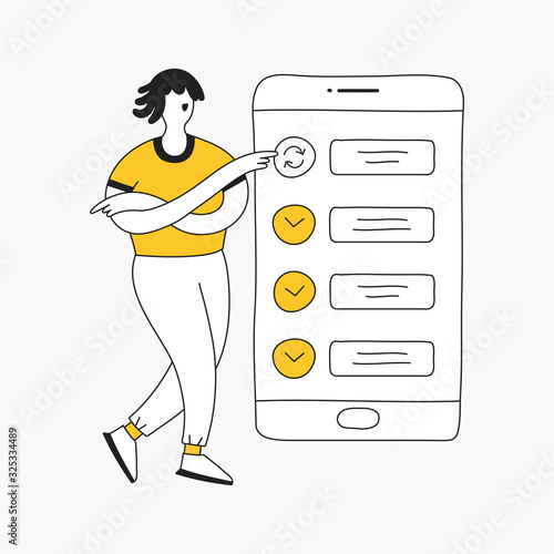To do or task list check list marks on the smartphone display and cartoon man points to one of the tasks in the progress. Modern thin line isolated vector illustration.