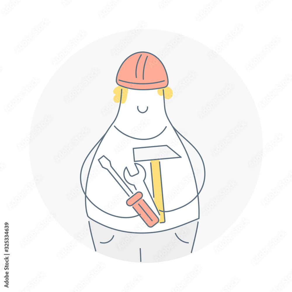 Multi-Tool worker, builder repairman with different tools in hands, contractor service. Flat thin line vector illustration on white. Multi-Tool worker, builder repairman with different tools in hands, contractor service. Flat thin line vector illustration on white.