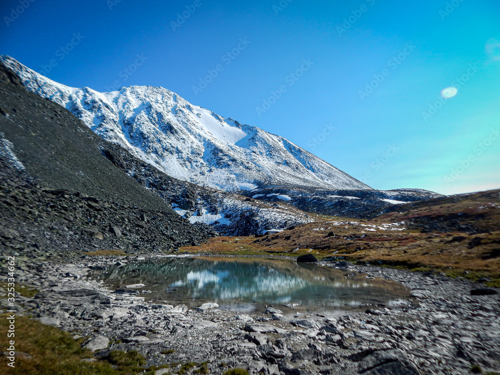 Meltwater lake on top of snow-capped mountains