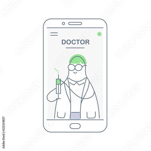 Medical advice online, doctor in smartphone consults patient and holding a syringe in his hand. Flat thin linear vector illustration on white background.