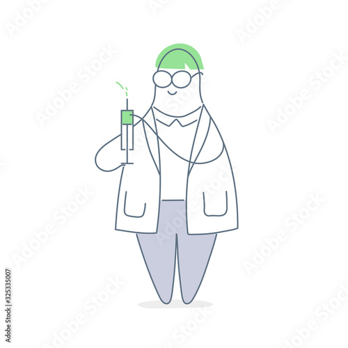 Syringe, doctor with medical injection in hand. Medicine plastic vaccination equipment with needle, syringe for treatment. Health care in hospital concept. Flat line vector on white background.