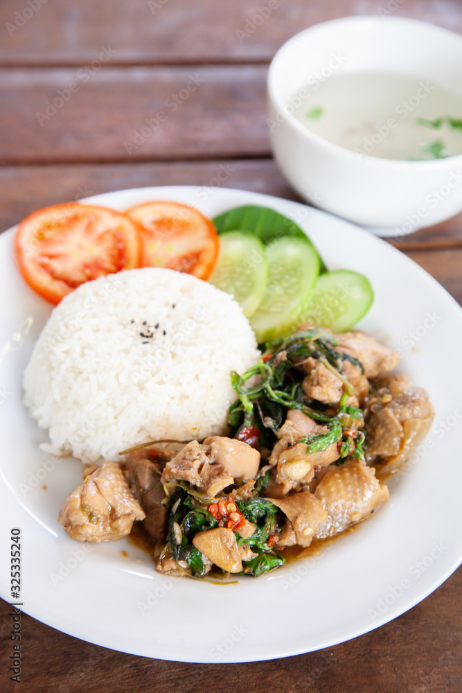 Rice topped with stir fried chicken and basil Rice topped with stir fried chicken and basil