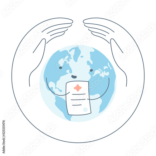 Protecting the planet and it's health, cute planet earth holds a certificate in hands, asking for help holding a sick leave or request for help. Clean line vector illustration on white.