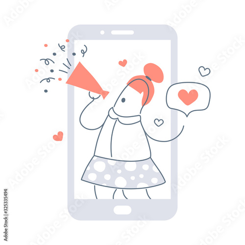 Influencer marketing concept - blogger promotion services and goods for his followers online via smartphone. Cartoon microblogger with megaphone advertise his social media. Linear vector