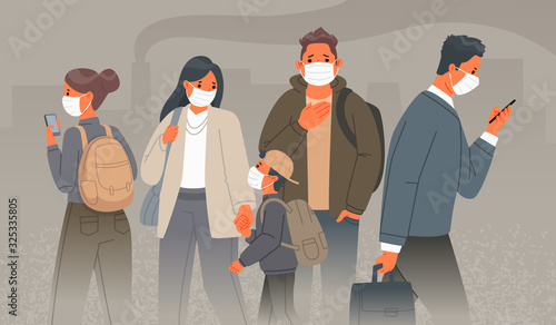 Air pollution in industrial cities. Sad people in medical protective masks on their faces against the background of smoking chimneys of factories. Dust and smog