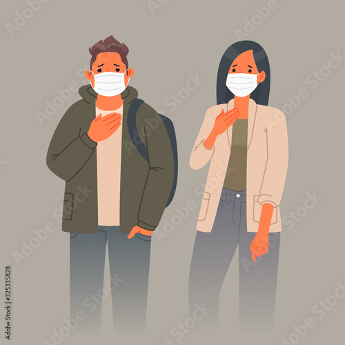 Air pollution. Sad man and woman in medical masks on the face. Respiratory protection from dust and pollen