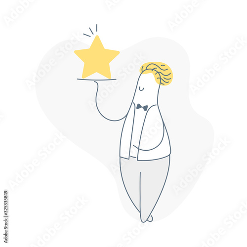Special offer, premium option in menu or best service, the waiter brought a star on a tray. Flat thin line vector illustration on white background.