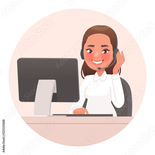 Operator, friendly support service specialist. Support phone or hotline. Call center employee, woman in headset