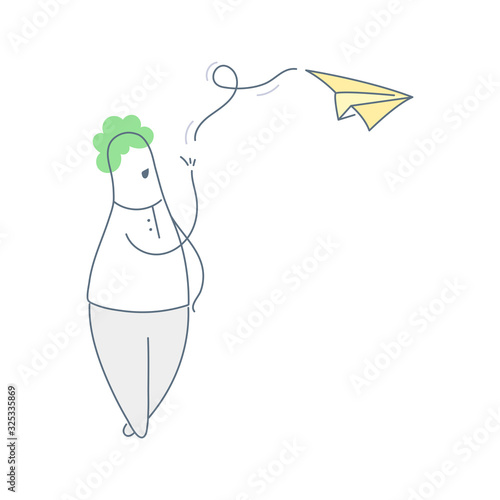 Cute cartoon man sending paper plane. Sharing of information, news, newsletter, advertising or just dreaming. Thin line vector icon illustration on white.