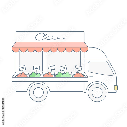 Street food hand drawn concept, open food van or truck with local meals, marketplace for selling products. Clean line vector icon illustration on white background.