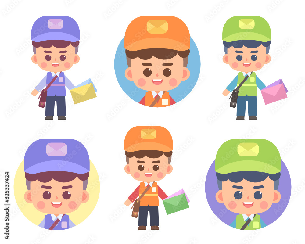 Set of cute postman character design and avatar. Postman holding mail on white background. Flat vector cartoon illustration. Set of cute postman character design and avatar. Postman holding mail on white background. Flat vector cartoon illustration.