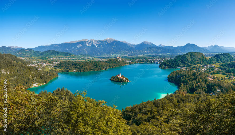 Aerial panoramic view on the Pilgrimage Church of the Assumption of Maria on the Lake Bled