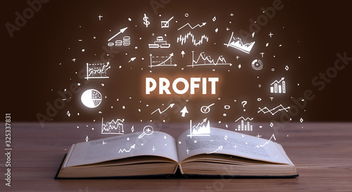 PROFIT inscription coming out from an open book, business concept