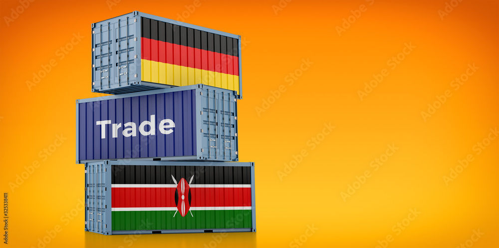 Freight container with German and Kenya flag. 3D Rendering