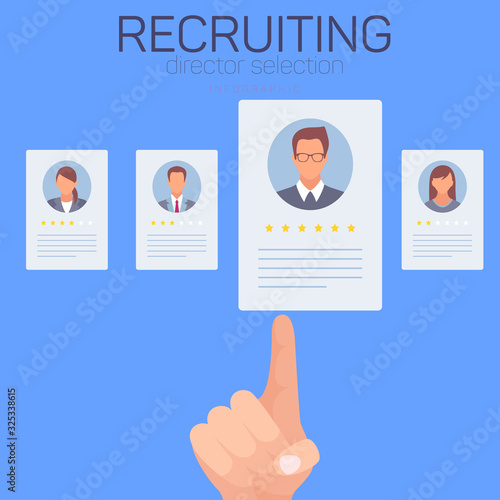 Icon with Workers on Blue Background. Recruiting Director Selection. Search for Colleagues. Candidate for Position. Vector Illustration. Explore Workflow. HR Manager. Recruitment Agency. Review Resume