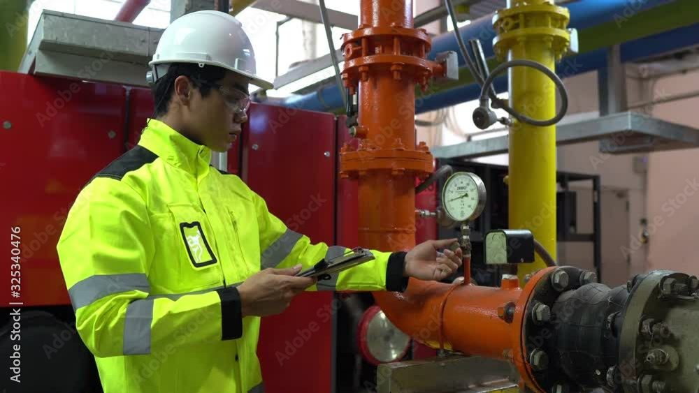 Asian engineer wearing glasses working in the boiler room,maintenance checking technical data of heating system equipment,Thailand people Asian engineer wearing glasses working in the boiler room,maintenance checking technical data of heating system equipment,Thailand people
