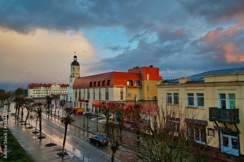 Dramatic sunset over Nesvizh, Belarus