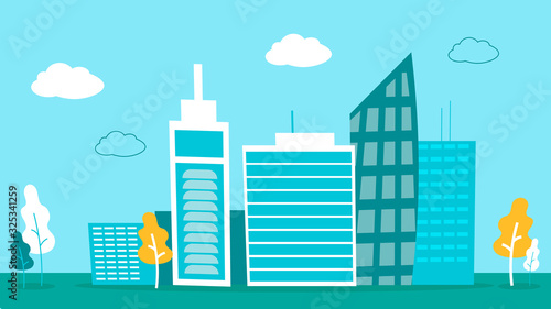 Flat Banner with Modern Apartment Building in City. Vector Cityscape with Business Center Illustration. Life in Big Smart Technological Town, Social Communication. Contemporary Urban Skyline Theme.