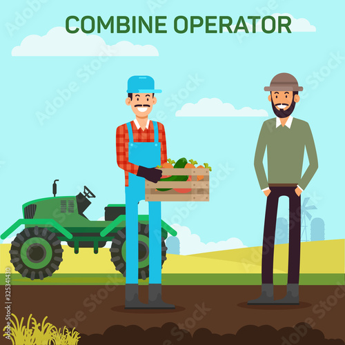 Man with Box Vegetables on Field near Tractor. Combine Operator. Businessman at Field. Vector Illustration. Explore Workflow. Recruitment Agency. Recruiting Director Selection. Agricultural Sector.